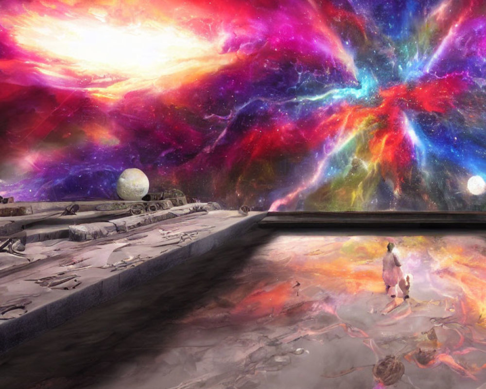 Vibrant digital artwork of two individuals on futuristic platform viewing cosmic scene