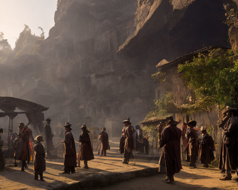 Traditional Attire People at Ancient Rock Structures in Morning Mist