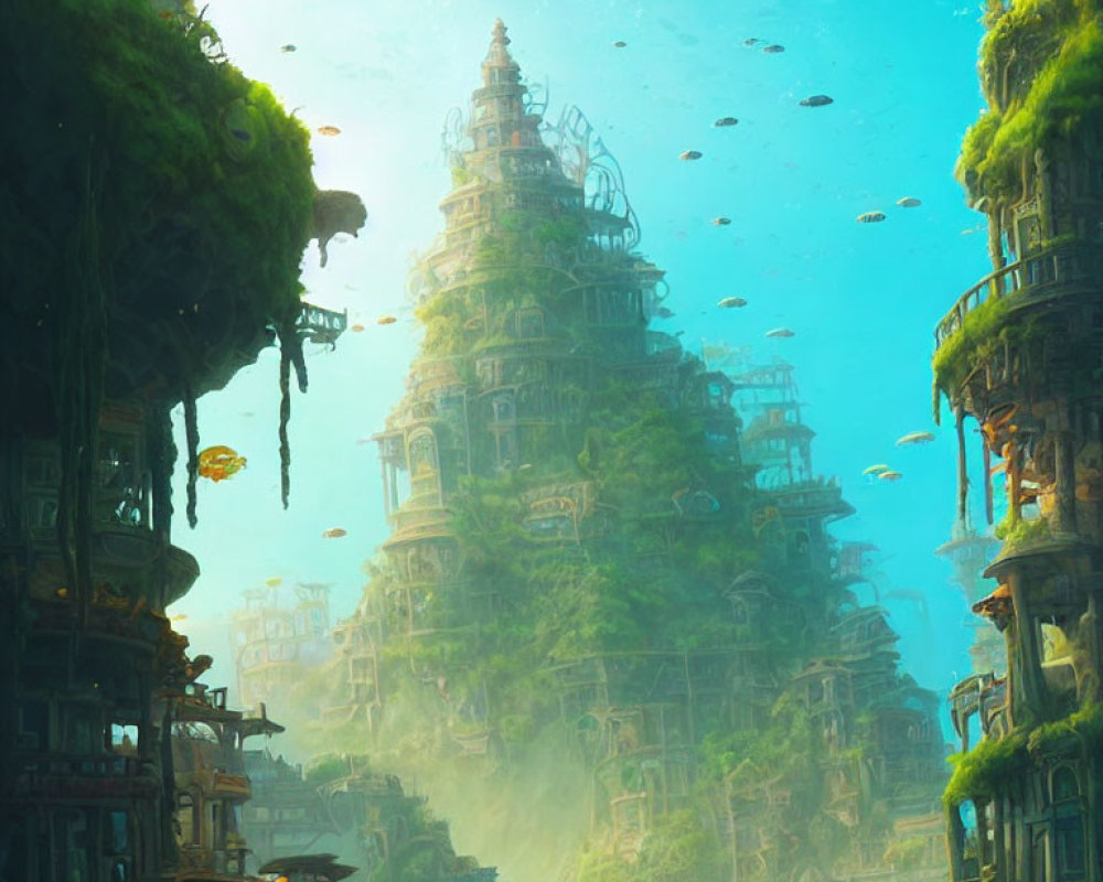 Fantastical cityscape with ancient buildings and flying creatures