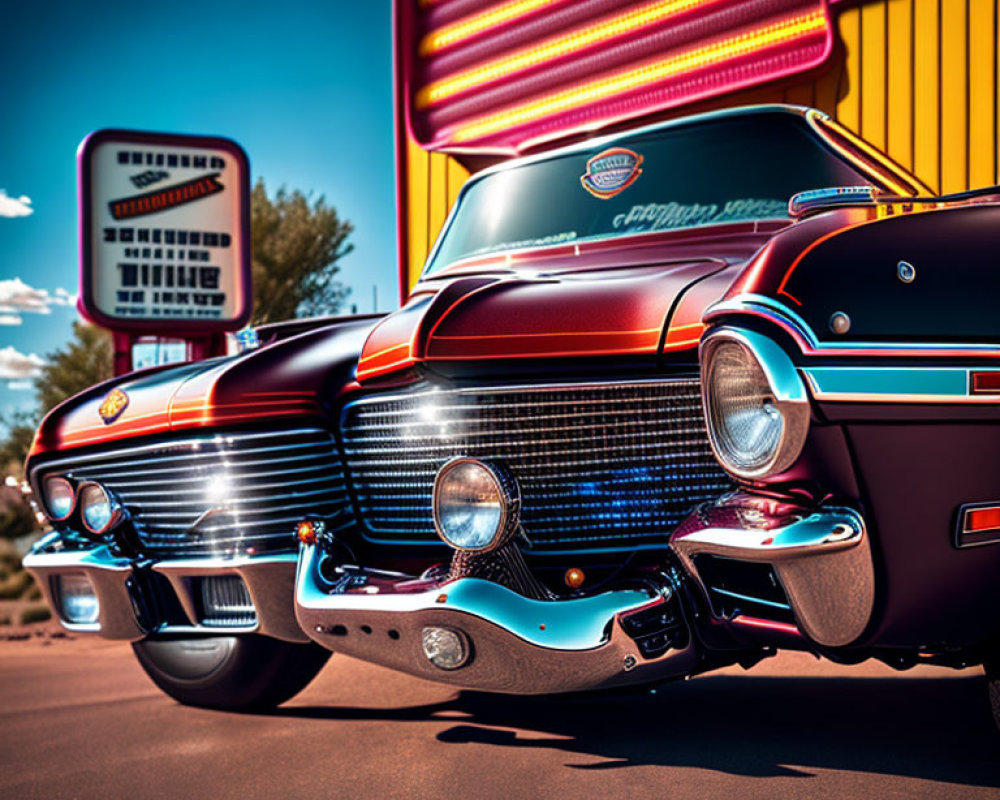 Two classic cars with chrome grilles parked against colorful building and blue sky