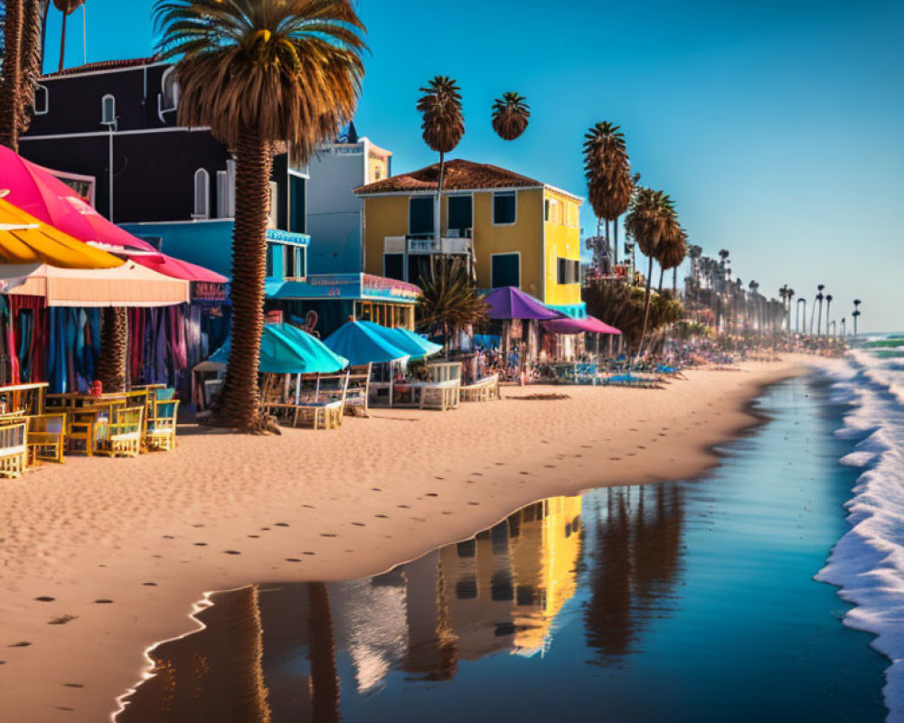 Vibrant beachside scene with colorful buildings, umbrellas, and palm trees on wet sand.