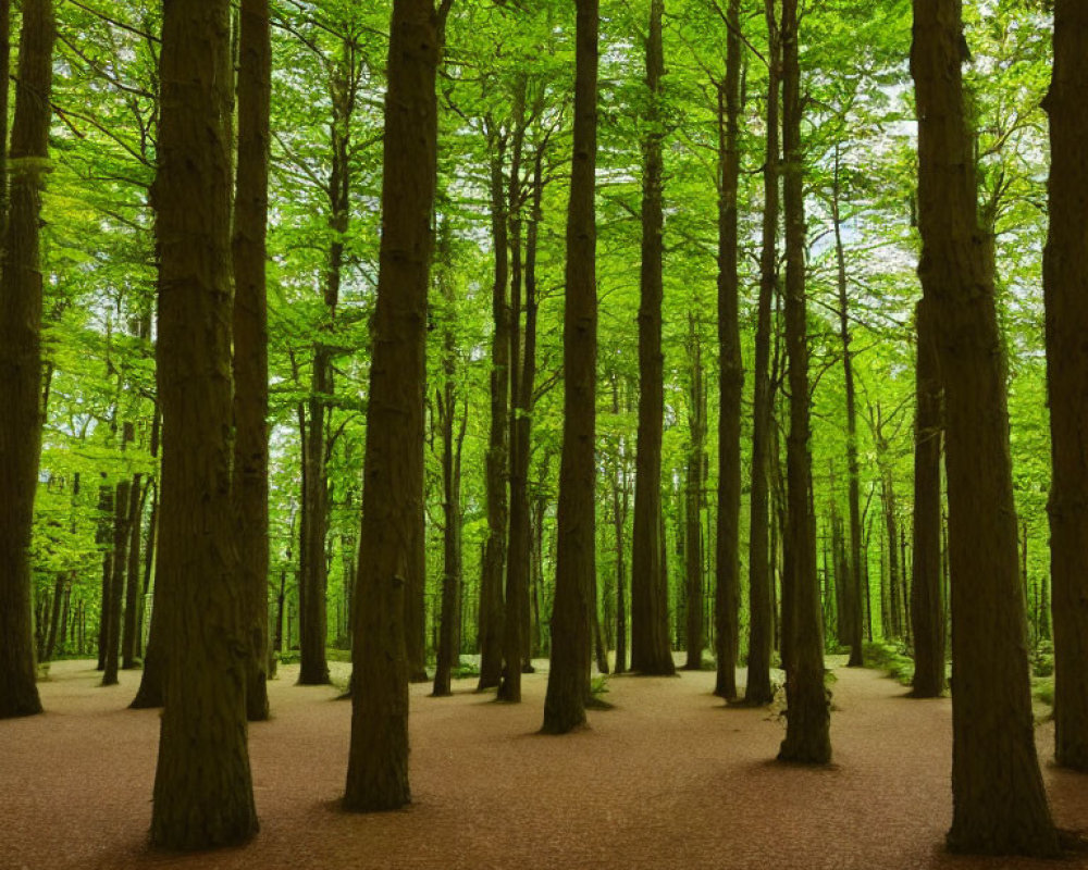 Tranquil forest scene with tall trees and green leafy canopy