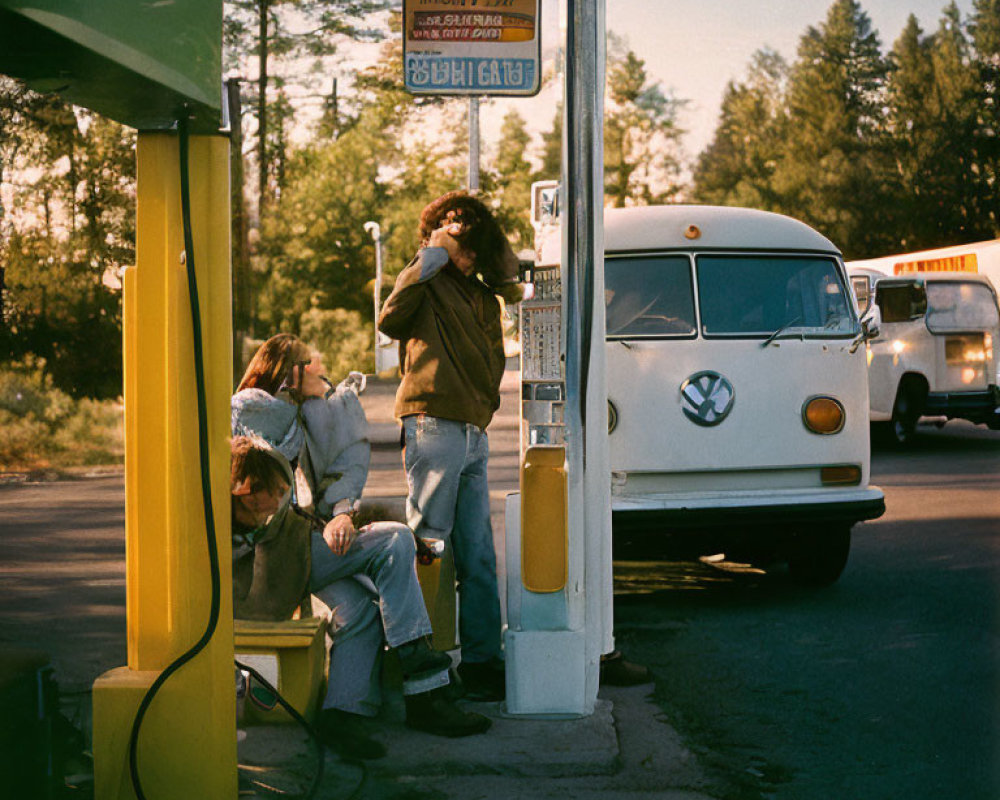 Youth relaxing at vintage gas station with VW van in forest setting