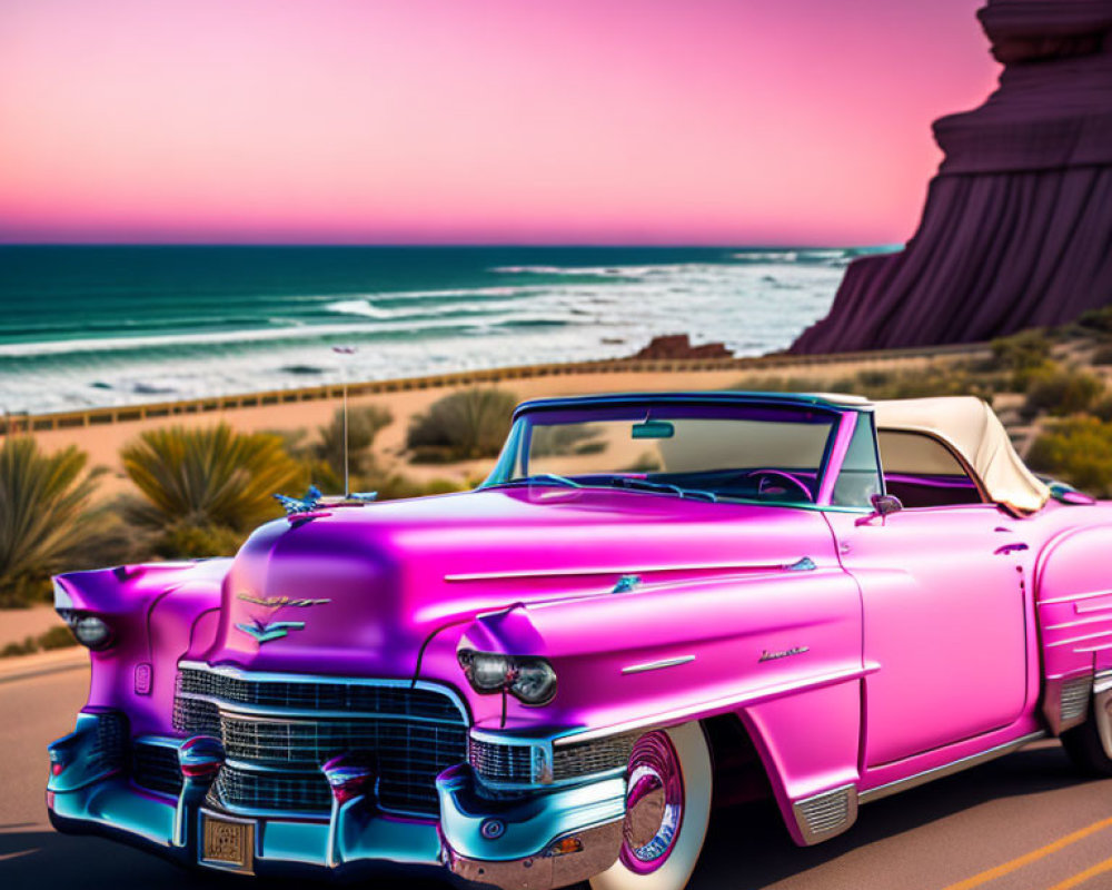 Pink classic convertible car by beach road at sunset with ocean and cliff.