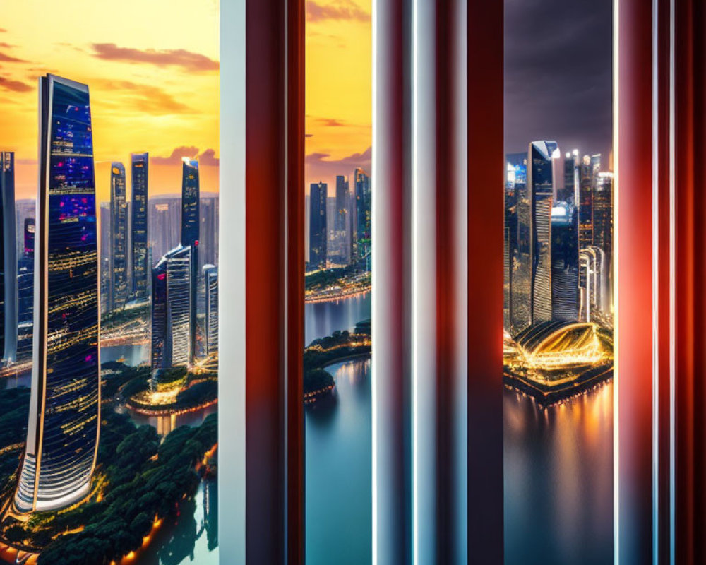 Split-view cityscape at sunset with warm and cool tones, skyscrapers, and water reflections.