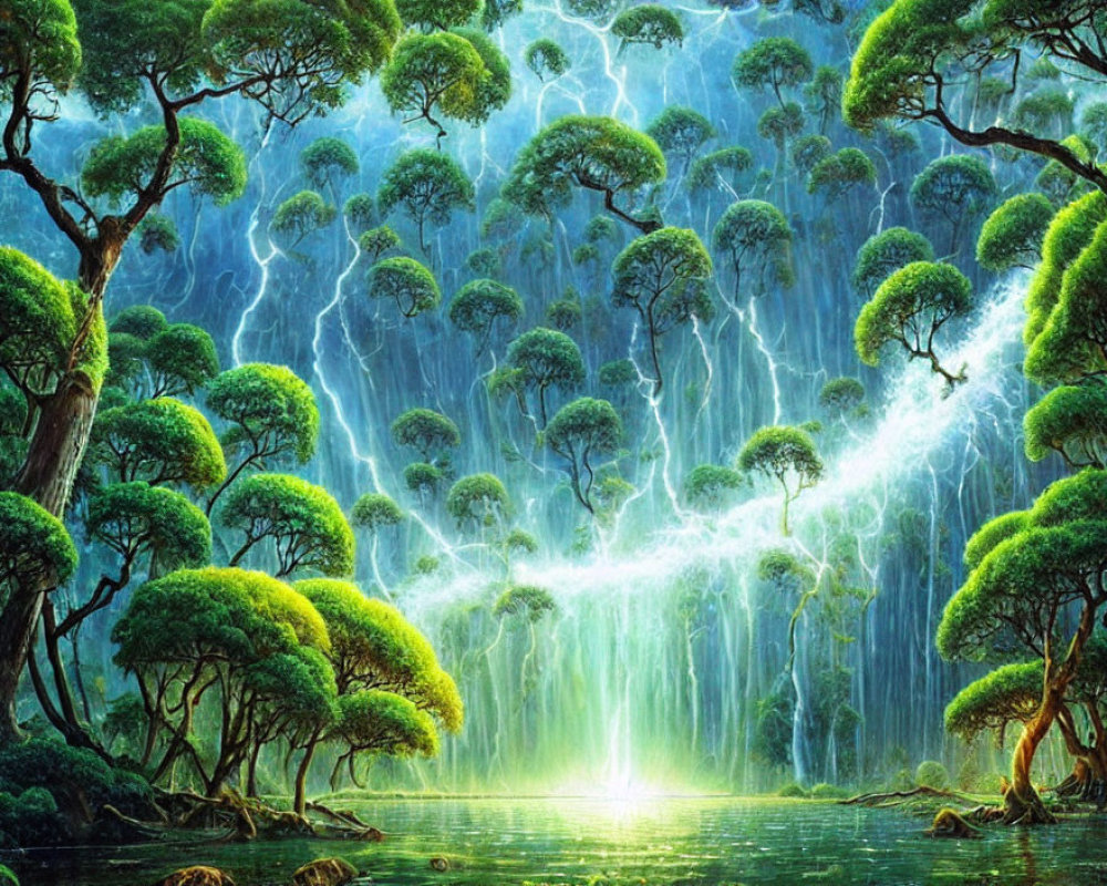 Vibrant green trees in mystical forest with lightning bolts