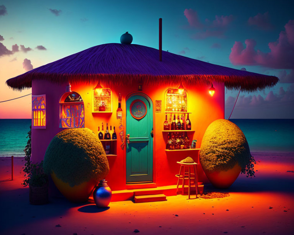 Colorful beach hut with neon lights, thatched roof, turquoise door, bar shelves, and spherical