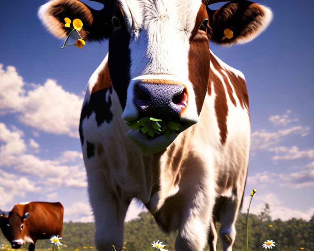 Close-Up of Cow with Daisy in Mouth in Sunny Field