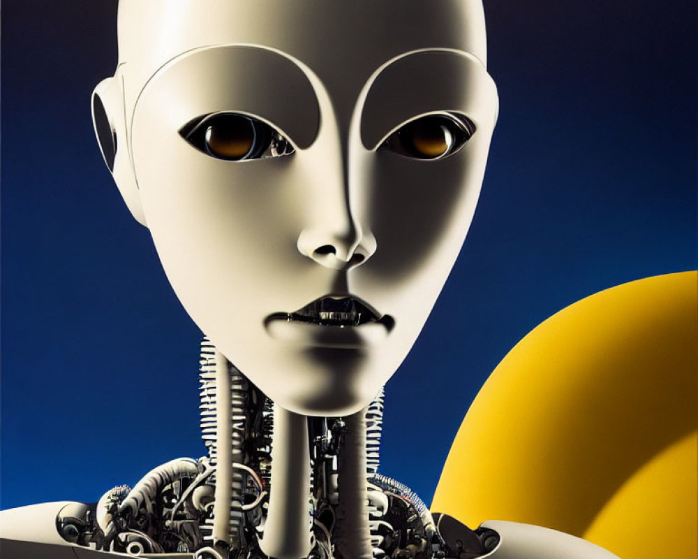 Hyper-realistic robot with human-like face and intricate neck mechanisms on blue background with yellow circle.