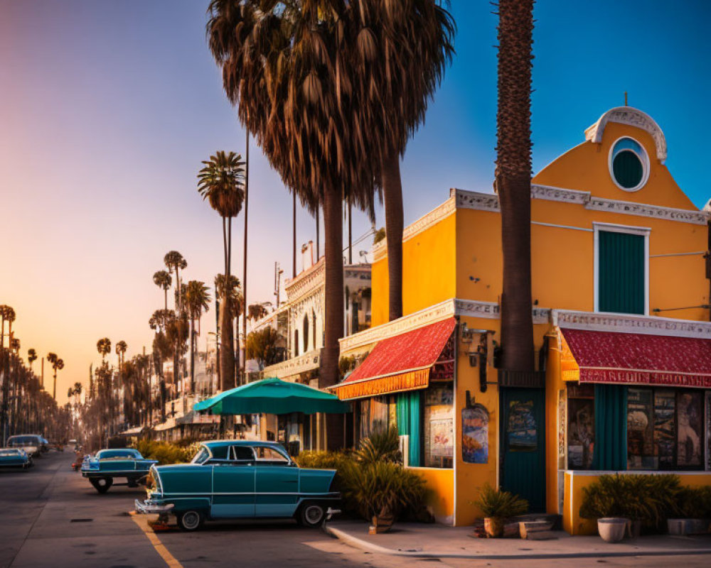 Classic Vintage Car Parked on Sunset Street with Palm Trees