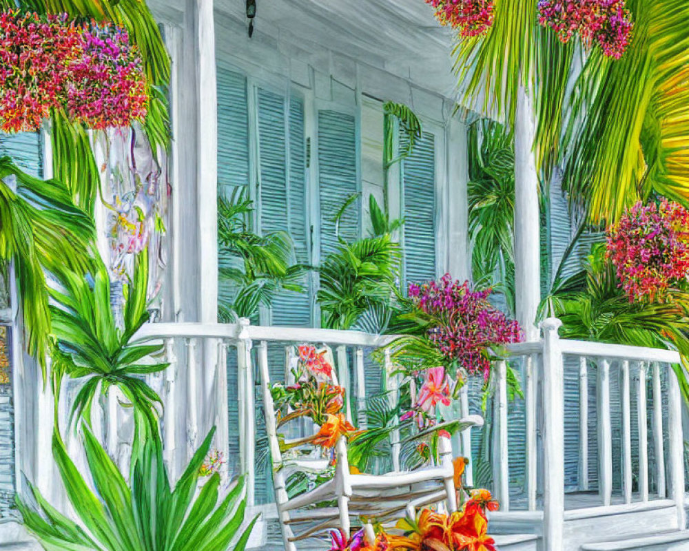 Colorful Tropical Porch Painting with White Railings and Rocking Chair