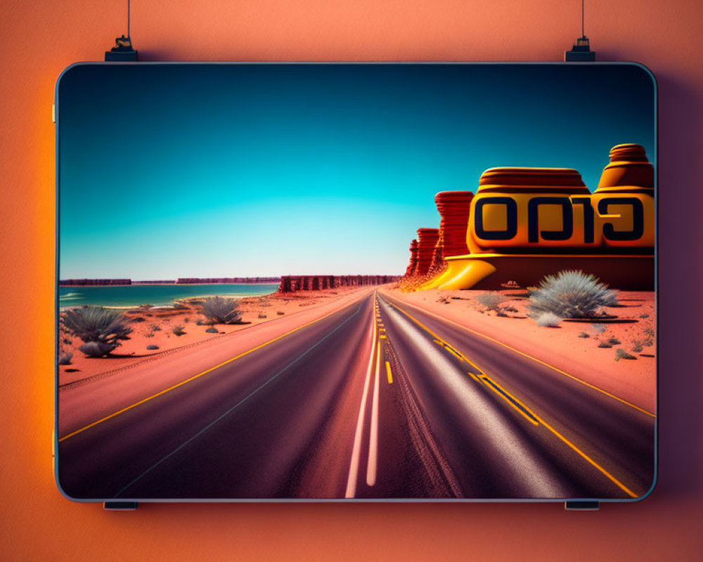 Colorful desert road scene with 3D "GO" text under warm sunset