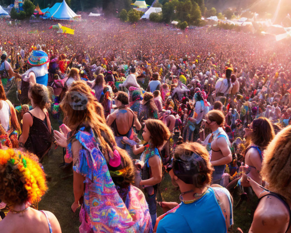 Colorful Attire and Lively Crowd at Outdoor Festival