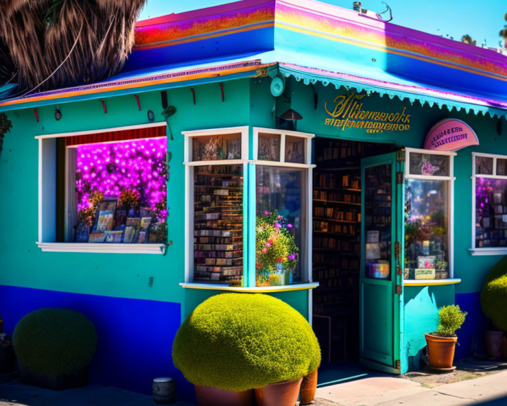 Colorful Bookstore with Blue Walls and Rainbow Awning