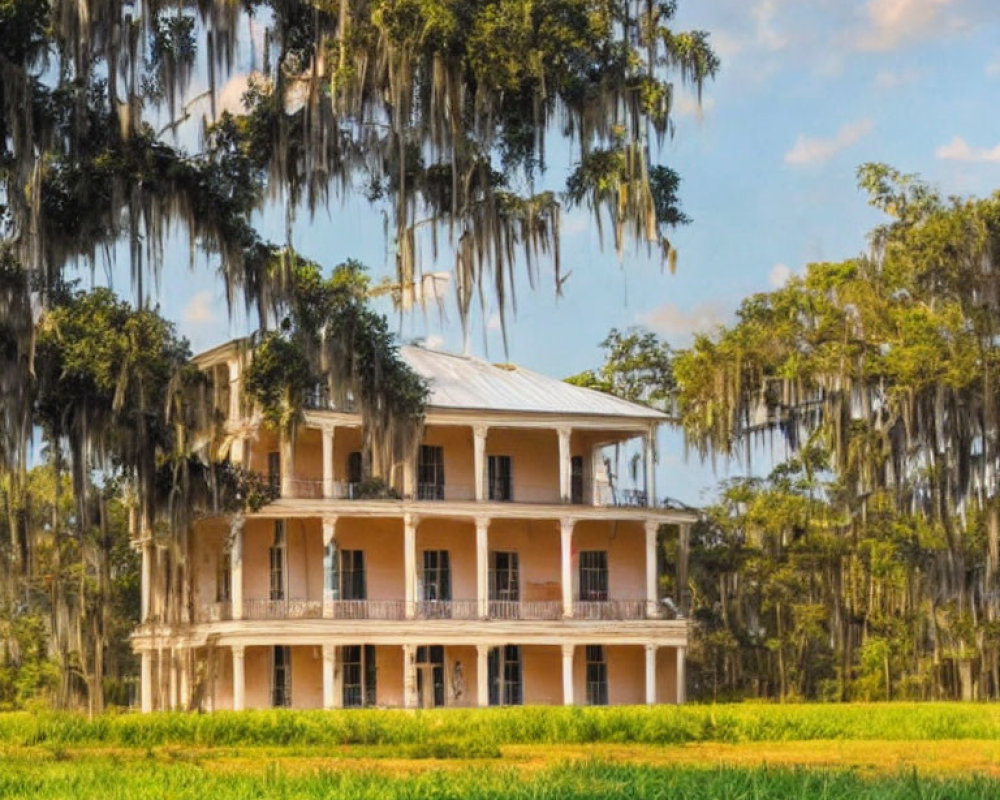 Two-story plantation-style house with large balconies in lush greenery