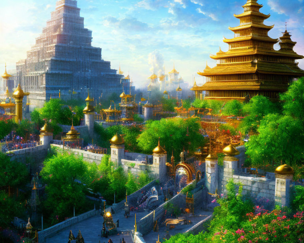 Fantastical cityscape with golden pagodas and lush greenery