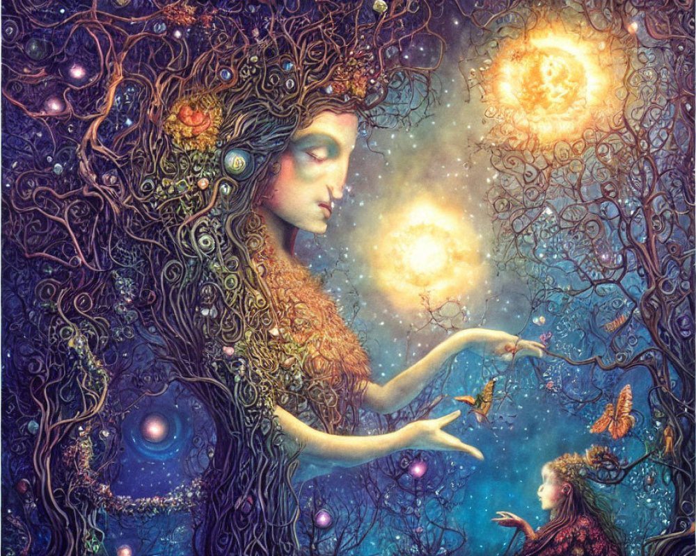 Fantastical image: Woman with tree branch hair, cosmic backdrop, light orb, and fairy.