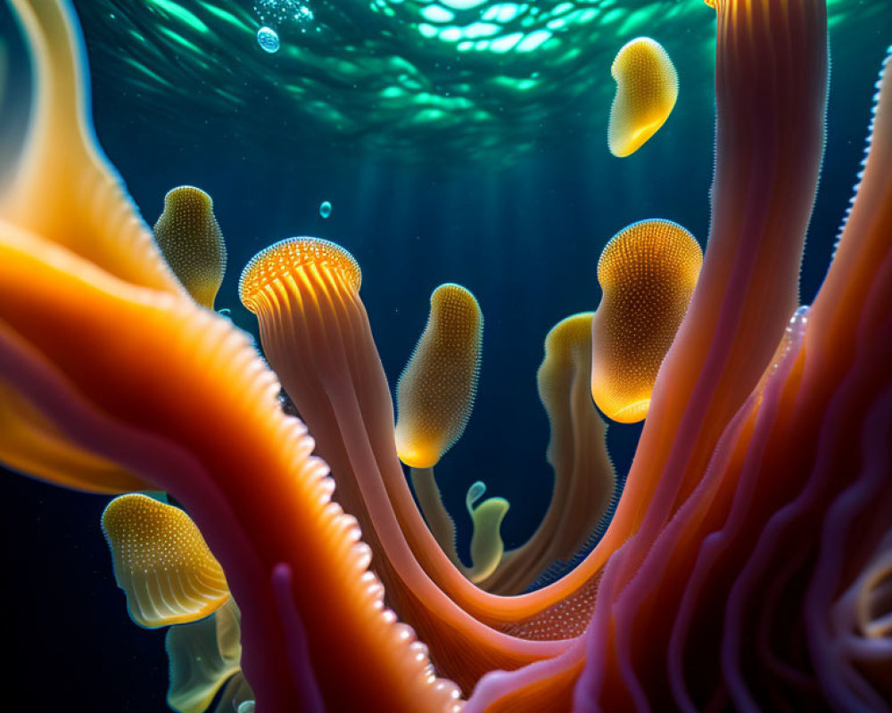 Colorful Sea Anemones in Blue Water with Light Filtering Through