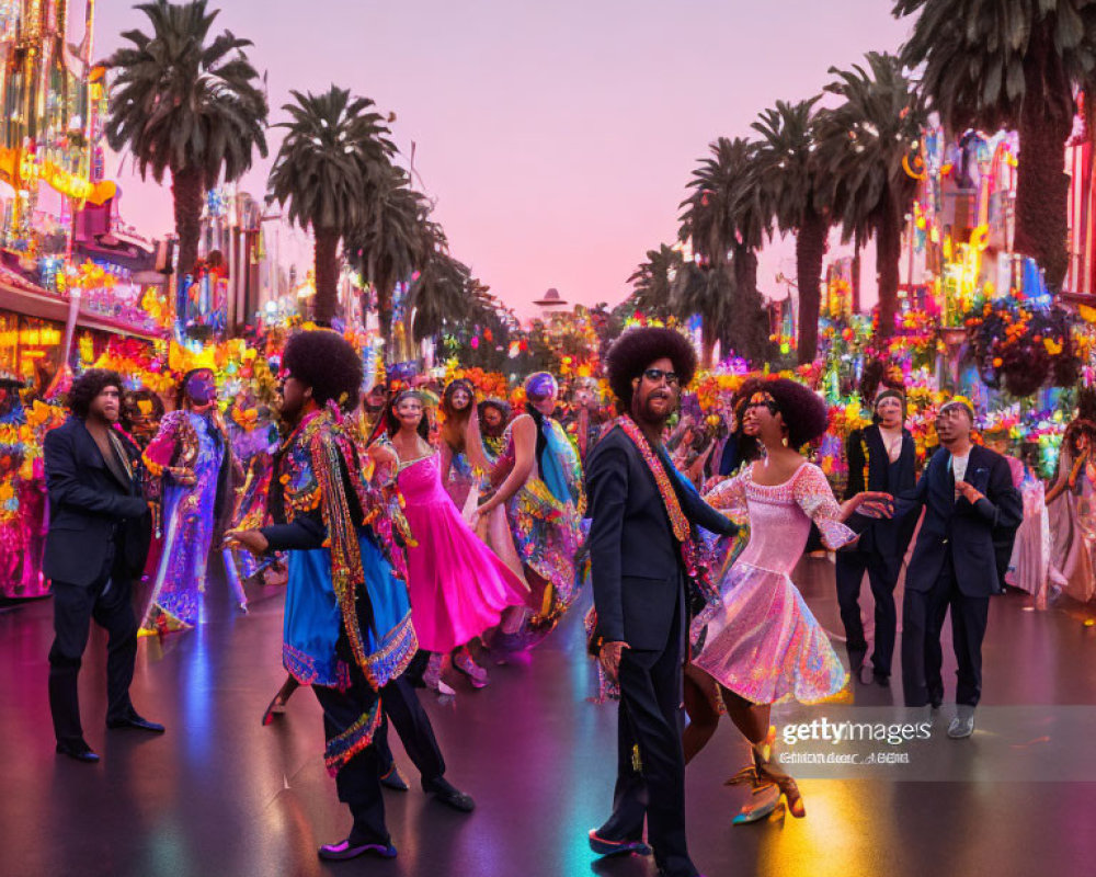 Colorful street dance performers in afros under sunset sky.