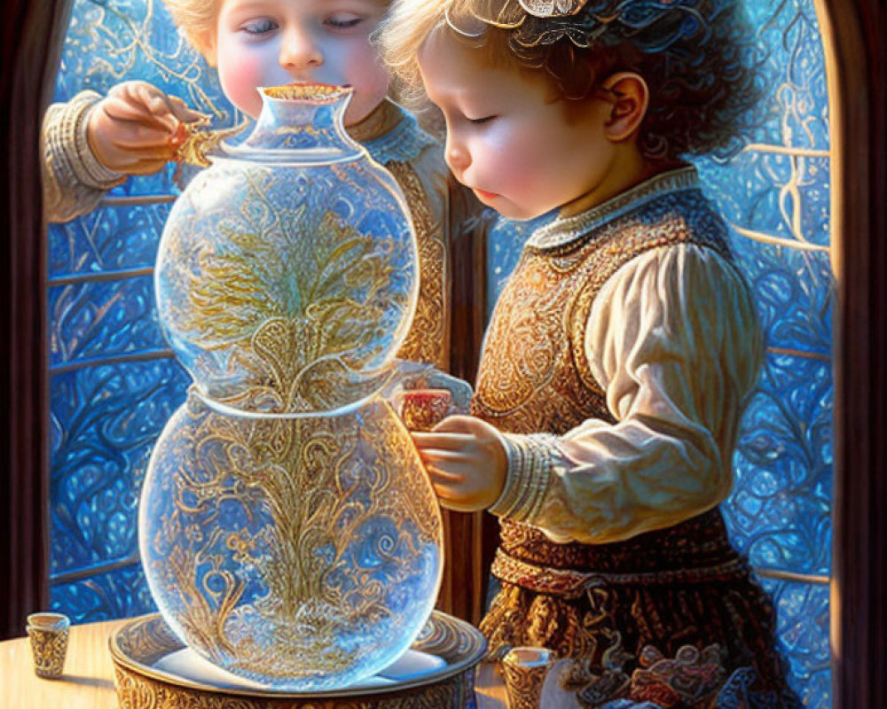 Children admiring intricately designed vase by stained glass window