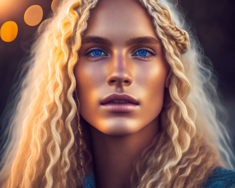 Person with Striking Blue Eyes and Long Curly Blonde Hair Portrait