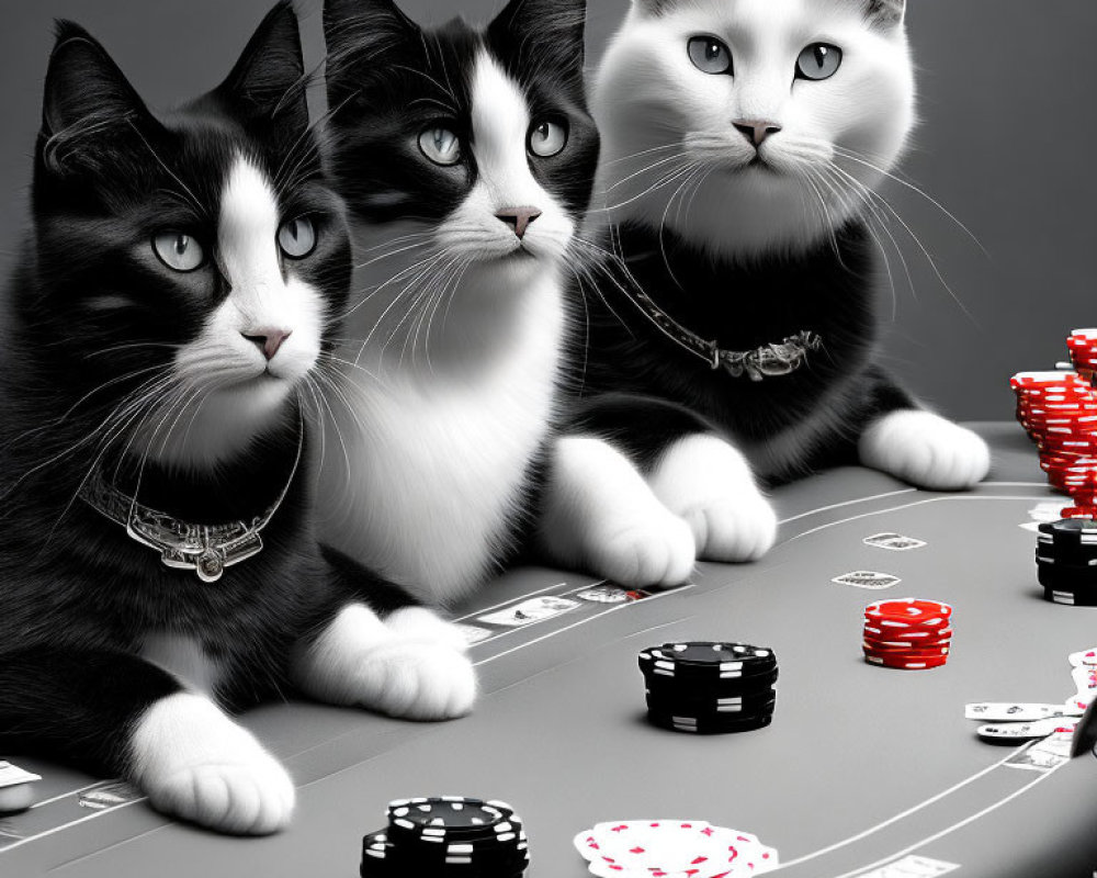 Three cats at poker table with expressive faces and chips.