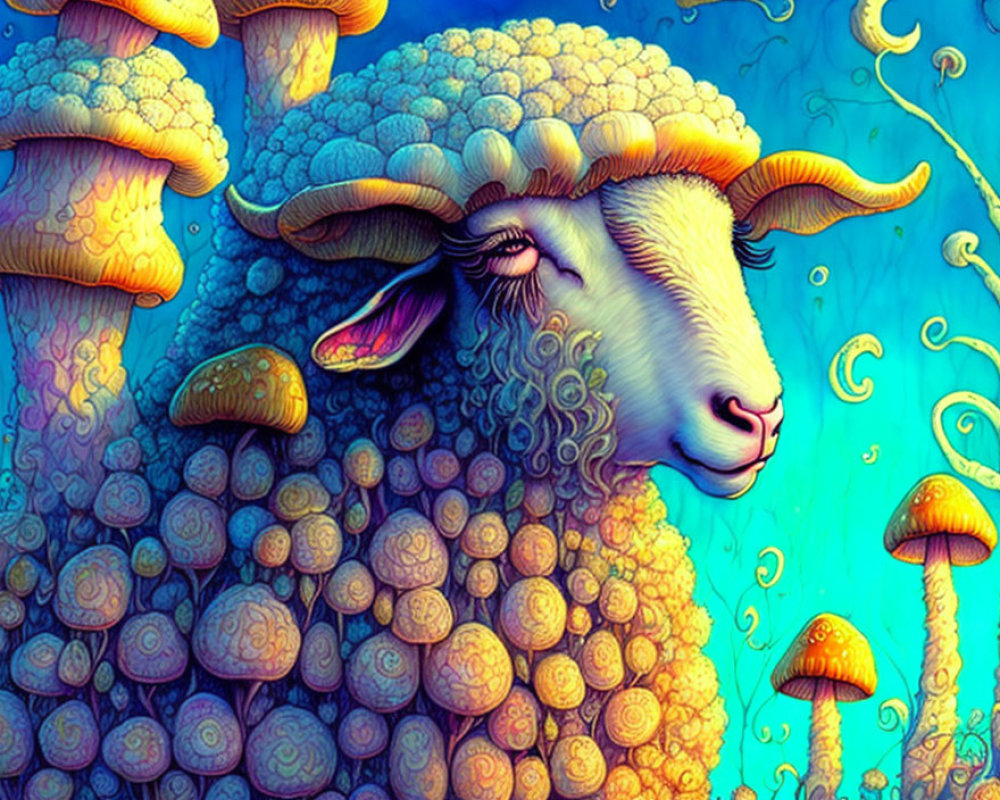 Colorful sheep illustration with psychedelic wool pattern and whimsical mushrooms on blue background