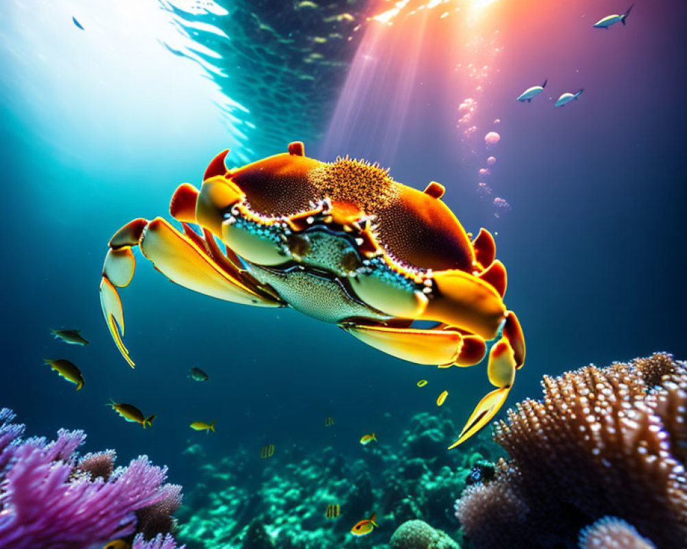 Colorful crab swimming in coral reefs with fish in the background