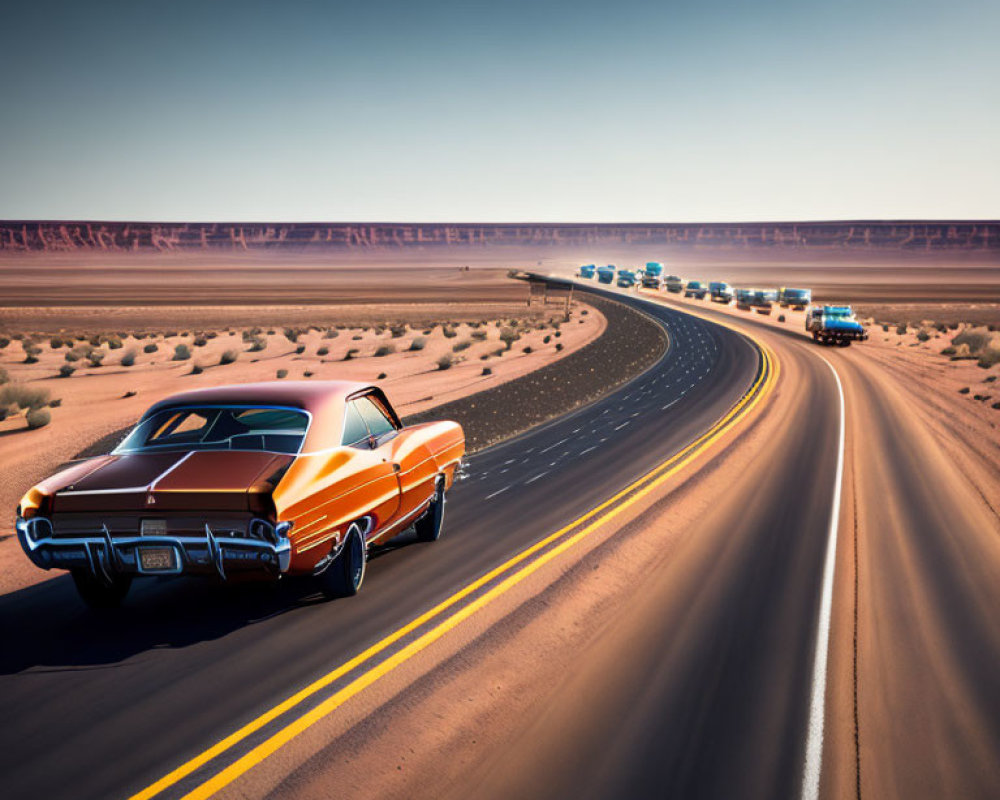 Vintage orange car on desert road with distant line of vehicles under clear sky