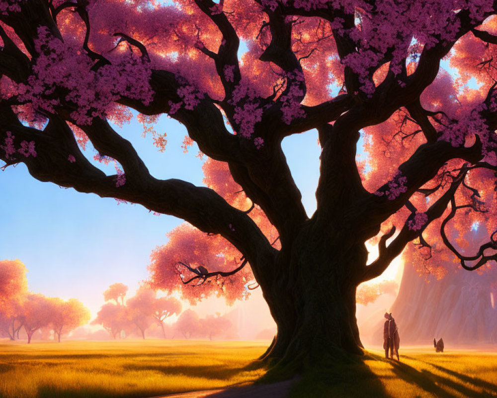 Person and dog under massive tree with vibrant pink blossoms in golden sunset meadow