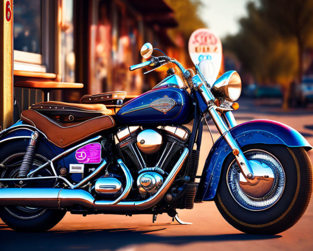 Vintage blue motorcycle parked outside a diner under warm lighting