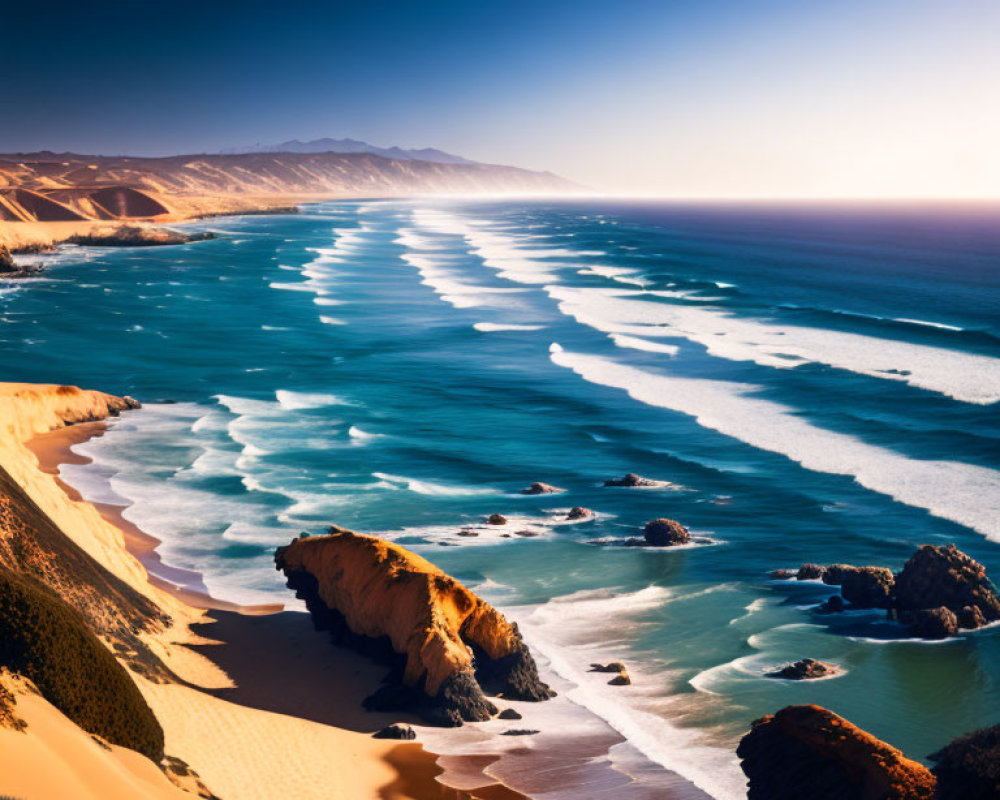 Sunlit Coastline with Golden Cliffs and Patterned Waves