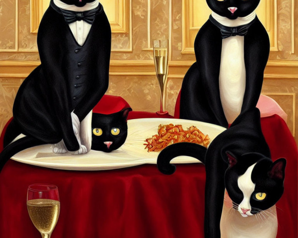 Anthropomorphic cats in formal attire dining with spaghetti and champagne