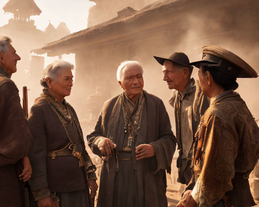 Elderly individuals in traditional attire conversing in historic village with Asian architecture.