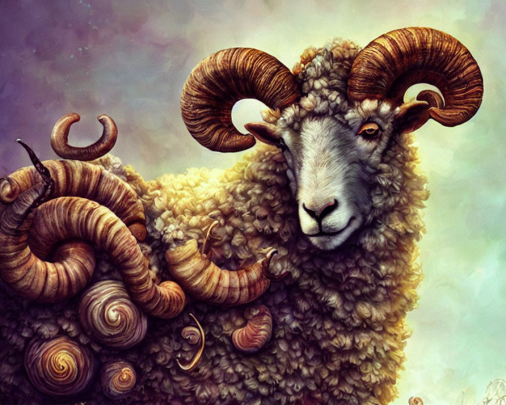 Illustrated ram with spiraling horns in whimsical setting with snails.