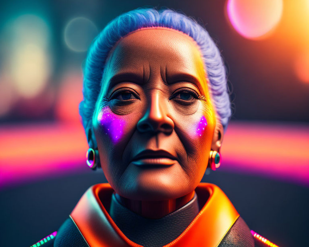 Elderly Woman with Blue Hair in Futuristic Attire and Glitter Makeup