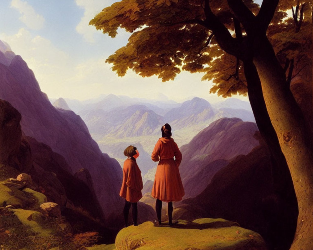 Two People in Red Coats in Serene Nature Landscape
