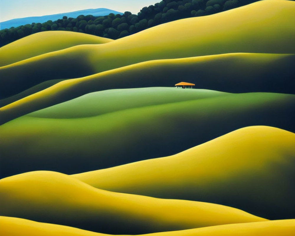 Undulating green and yellow hills with small house and trees under blue sky