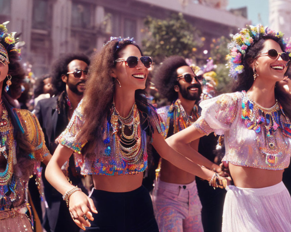 Colorful People in Sparkling Costumes at Outdoor Festival