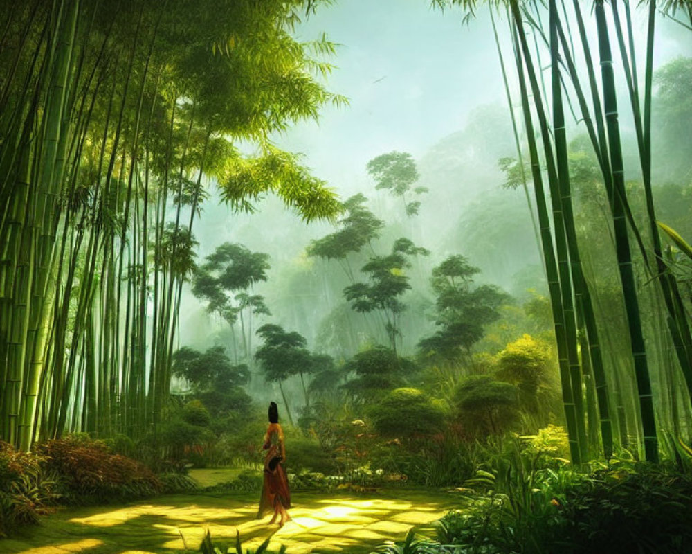 Tranquil bamboo forest scene with walking figure amid misty backdrop