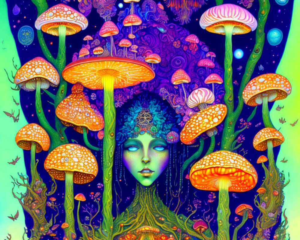 Colorful psychedelic illustration: female figure with decorated skin, mushrooms, and creatures