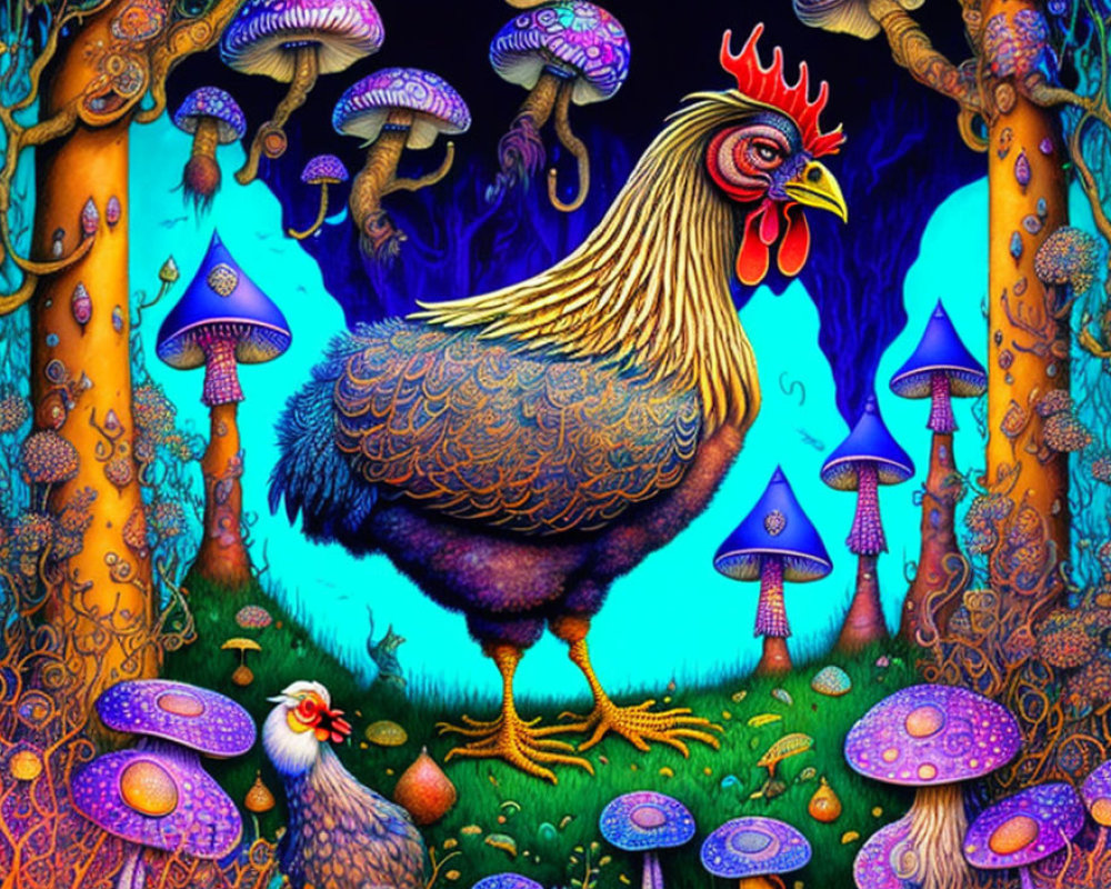 Colorful Mushroom Forest Scene with Large and Small Chickens