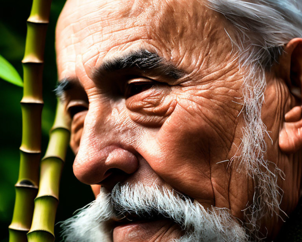 Portrait of Elderly Man with White Beard and Intense Gaze Against Green Bamboo