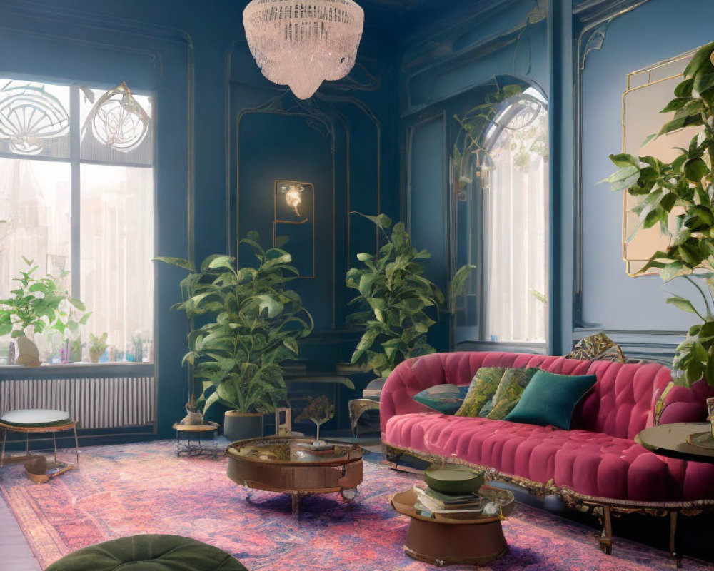 Stylish Blue Living Room with Pink Velvet Sofa & Elegant Decor