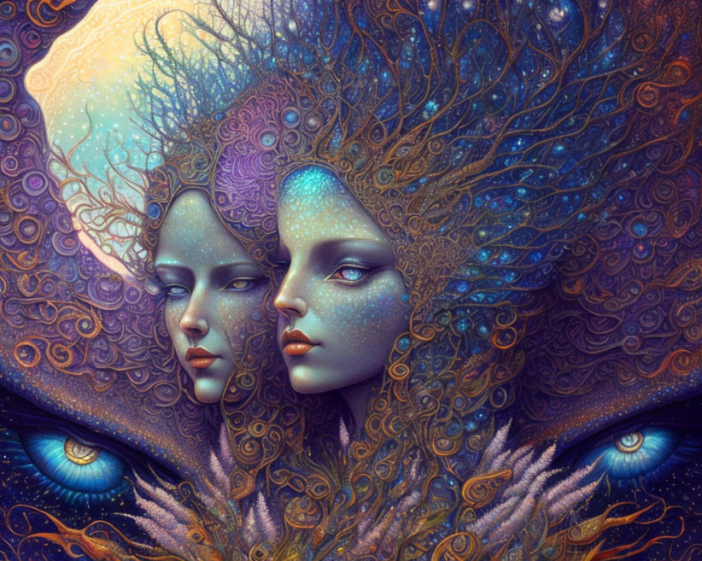 Surreal illustration of two ethereal women with blue skin and intricate patterns intertwined with cosmic and natural