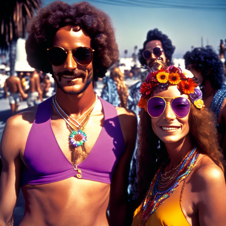 Colorful 70s Outfits with Large Afros and Sunglasses