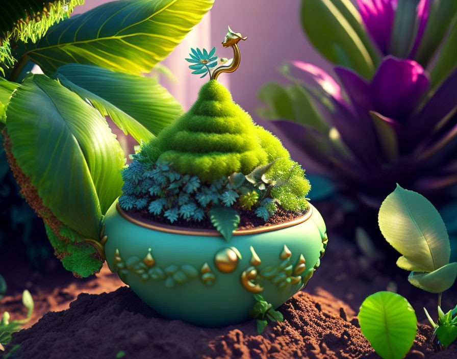 Vibrant bonsai tree in turquoise pot with gold accents and lush green moss, set against tropical