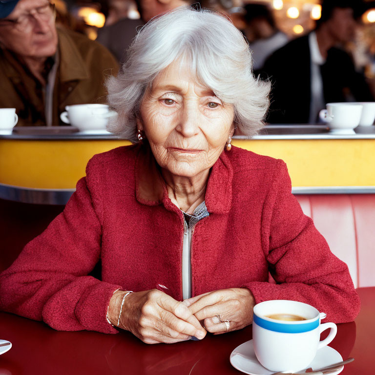 Elderly Woman in Red Jacket at Restaurant Table with Coffee