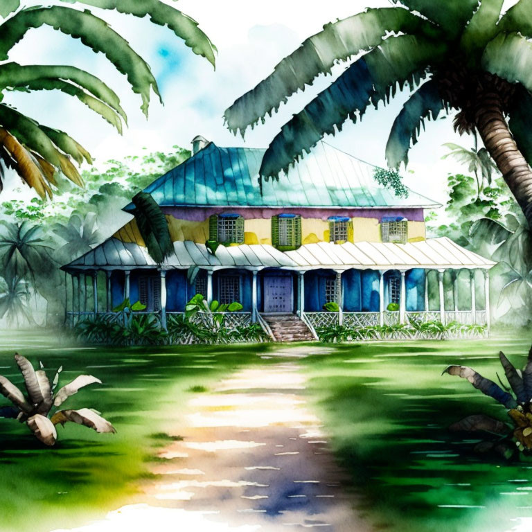 Vibrant watercolor painting of tropical house with lush greenery