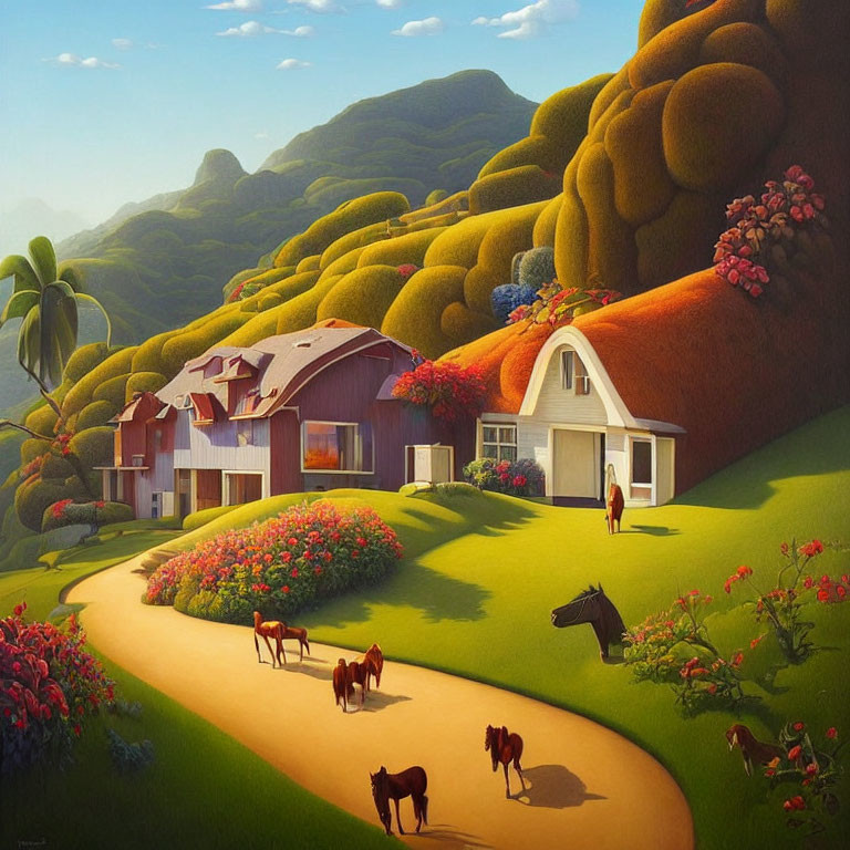 Colorful rural landscape with green hills, white house, horses, and lush flora